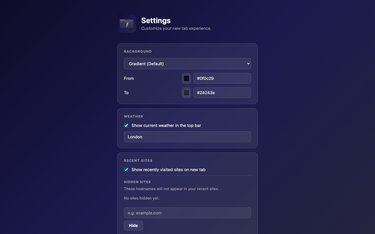 Zen Tab settings page